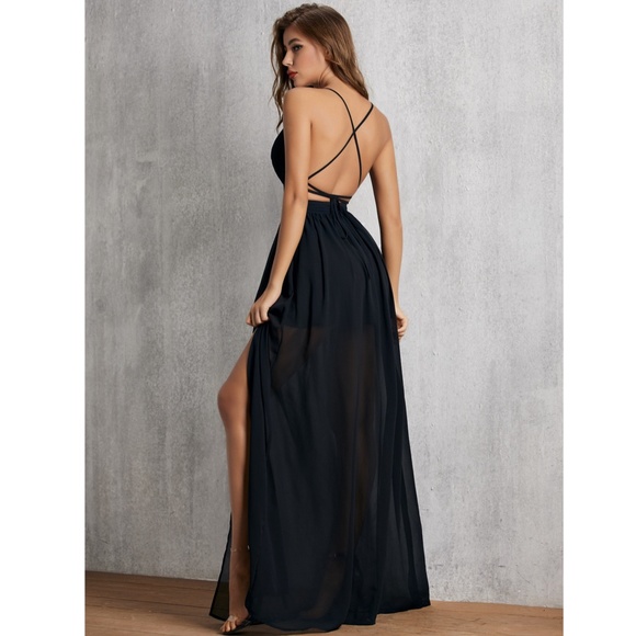 Deep V Backless High Slit Black Maxi Dress - Picture 7 of 8